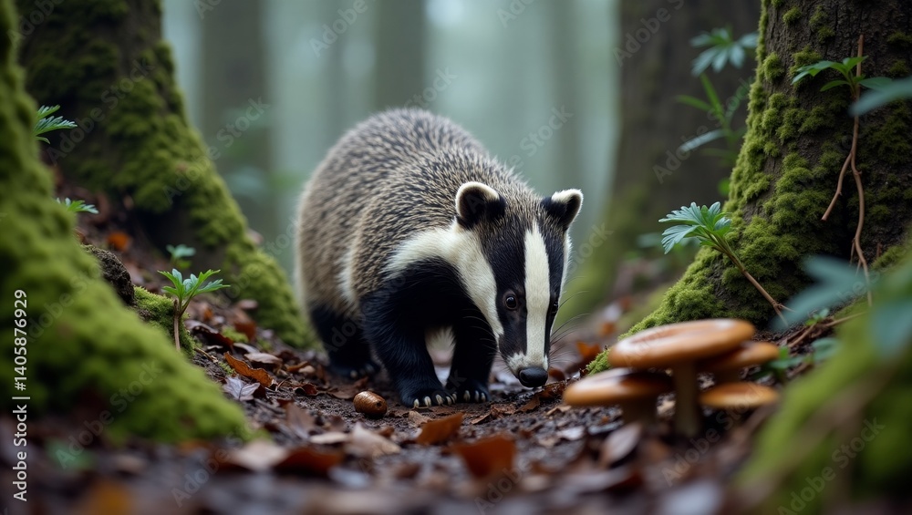 Obraz premium Adorable Badger in a Misty Forest