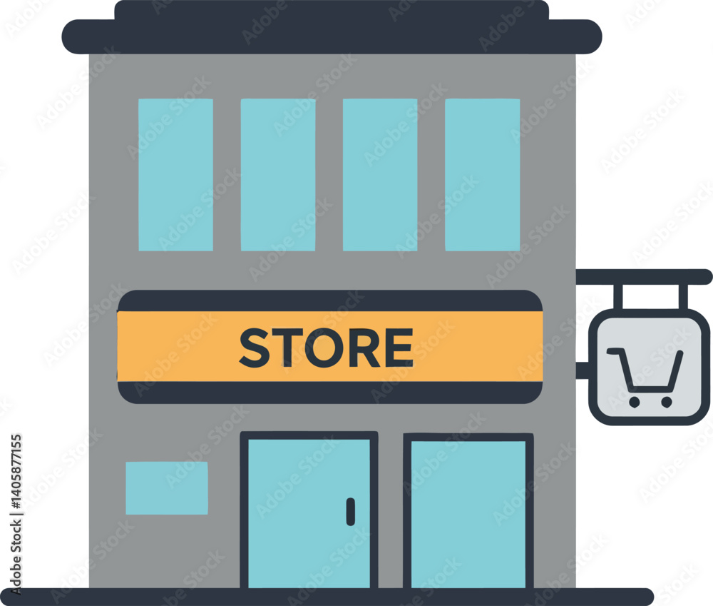 Simplistic storefront design featuring a modern building with a clear sign and minimal details in vector art Simplistic storefront design featuring a modern building with a clear sign and minimal details in vector art