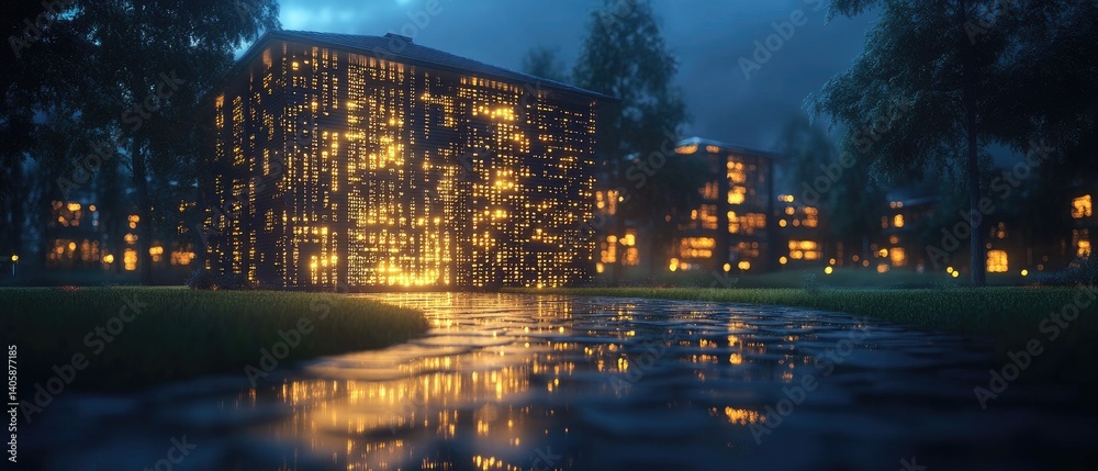 Fototapeta premium Glowing building reflects in water after rain, surrounded by grass and trees, under dark skies