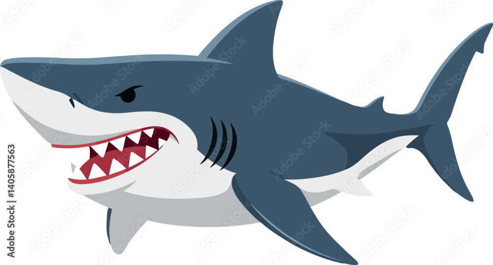 Fototapeta premium Cartoon shark swimming in a playful ocean scene, flat design vector art