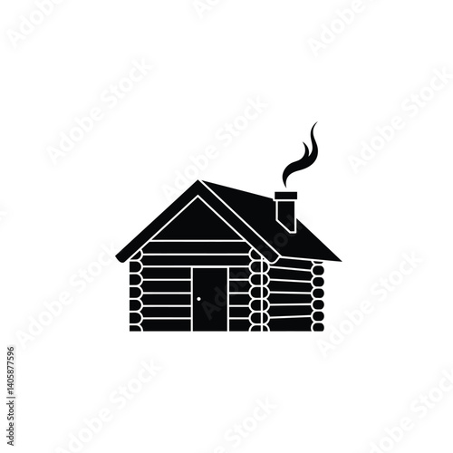 Black Silhouette Of A Log Cabin With Smoke Coming From Chimney