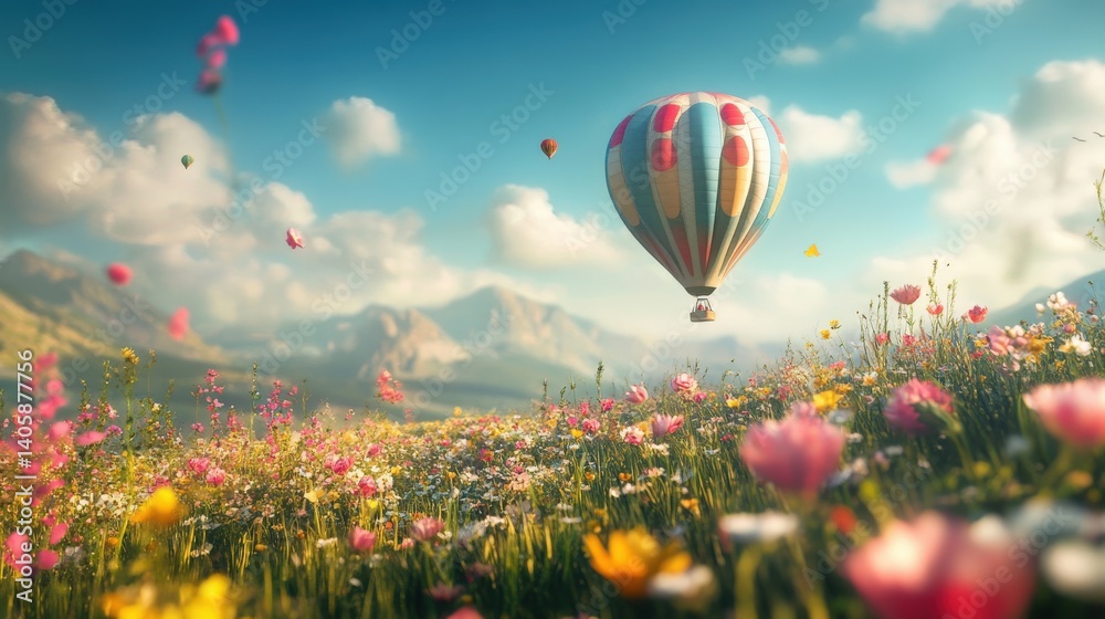 Fototapeta premium A colorful hot air balloon floats above a field of wildflowers