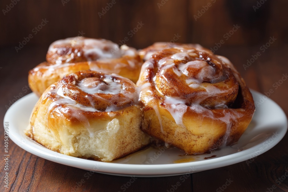 Freshly baked cinnamon rolls with rich icing on a white plate. Freshly baked cinnamon rolls with rich icing on a white plate.