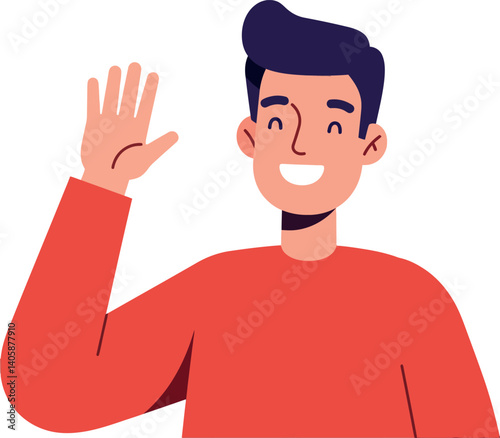 Friendly man waving hello in a bright red shirt, flat vector illustration