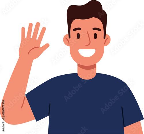 Friendly young man waving hello in a flat design style vector illustration