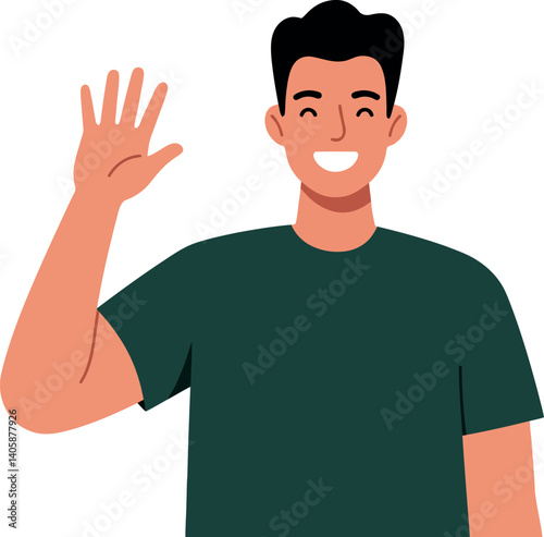 Friendly young man waving hello in a cheerful flat vector illustration