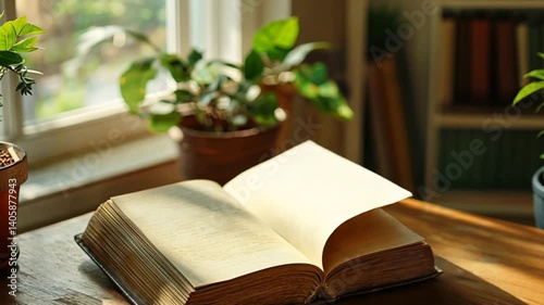 Open book resting on a wooden table near a window with sunlight and potted plants