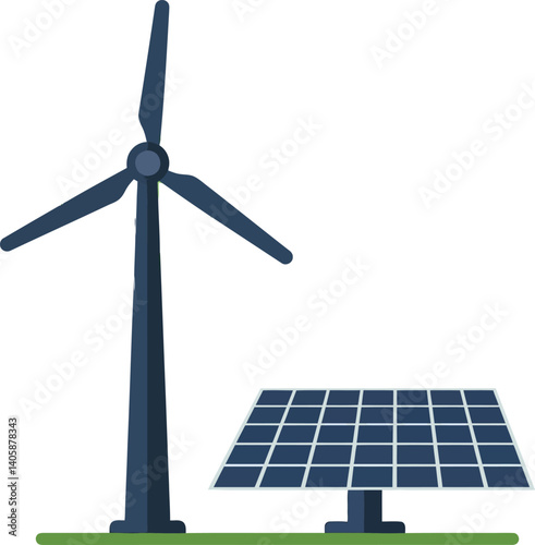 Wind turbine next to solar panel in flat vector art style representing renewable energy sources