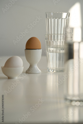Chicken eggs on a white table, transparent glass, modern Easter-themed still life.