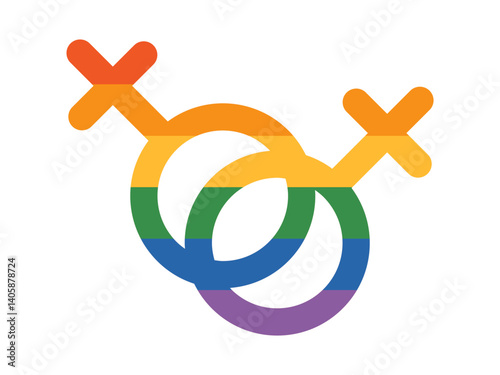 Colorful vector illustration of interlocking lesbian gender female symbols featuring the rainbow design, representing LGBTQ gay pride and gender diversity. LGBT unity and inclusivity.