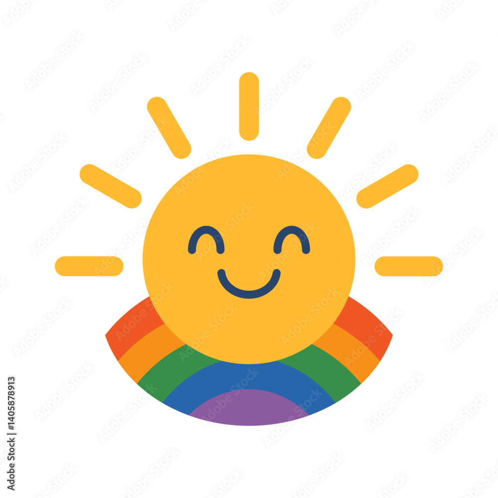 Cheerful vector lgbt cute illustration featuring smiling sun with rays extending outward, accompanied by a colorful rainbow arc. Chidish kids and baby design. Cheerful vector lgbt cute illustration featuring smiling sun with rays extending outward, accompanied by a colorful rainbow arc. Chidish kids and baby design.