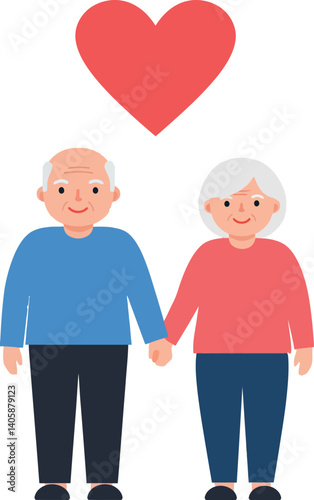 Elderly couple holding hands with a heart above them in flat vector art