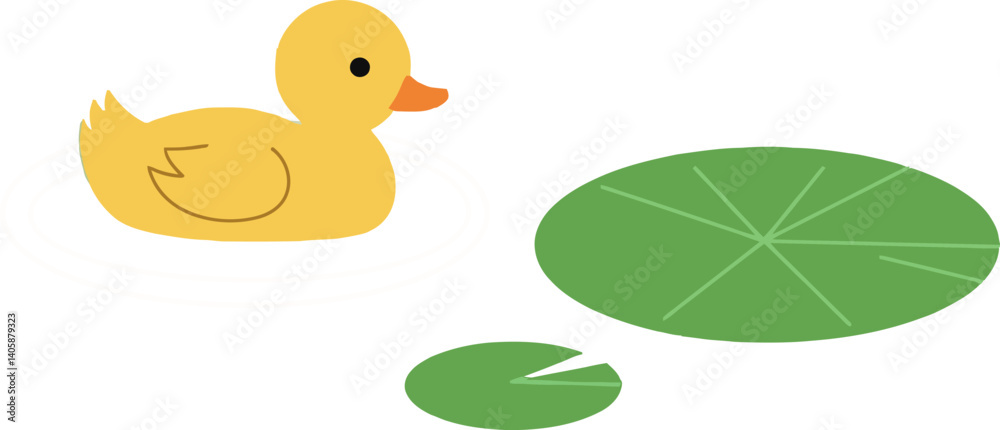 Fototapeta premium A cheerful yellow duck swimming beside a green lily pad in flat vector art