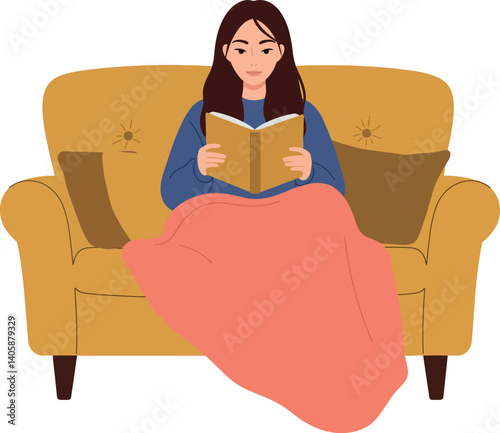 A woman reading a book on a cozy yellow sofa with a pink blanket in flat vector art