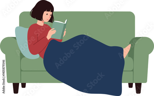 A woman relaxing on a green couch reading a book in flat vector art