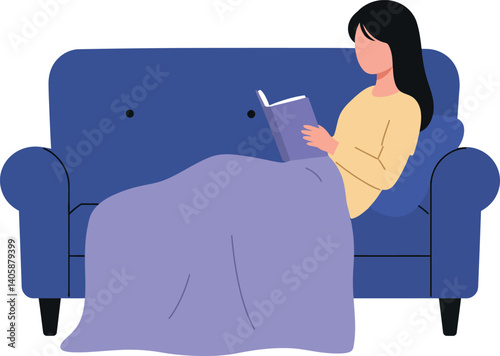 A woman reading a book on a cozy blue sofa with a purple blanket in flat vector art