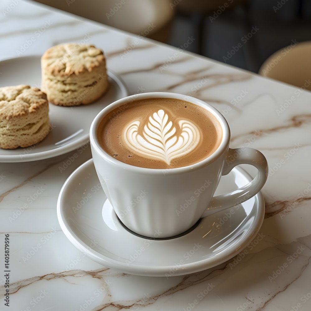 Latte Art Coffee with Scones on Marble Countertop Latte Art Coffee with Scones on Marble Countertop
