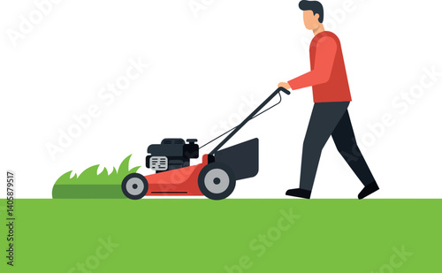 A man mowing grass with a lawnmower in a flat, minimal vector illustration