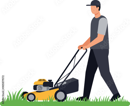 A man mowing the lawn with a yellow lawnmower in a flat vector illustration