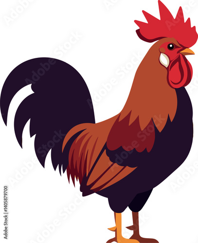 Colorful rooster standing proudly with detailed feathers in a minimal flat design vector illustration
