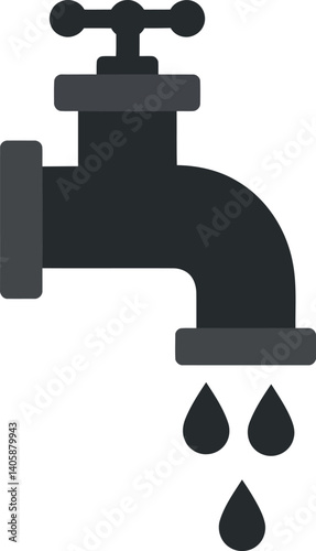 Black water faucet with dripping drops in flat minimal vector art