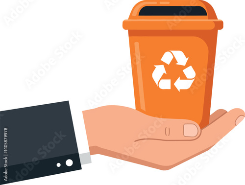 Hand holding an orange recycling bin in a flat vector illustration promoting eco-friendly waste management