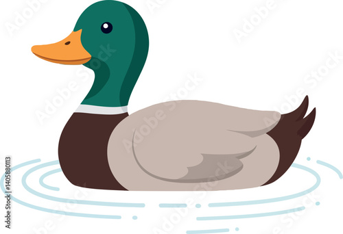 Colorful cartoon duck swimming in a pond with rippling water in flat vector art