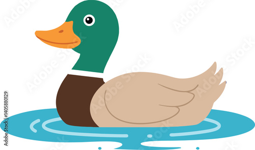 Colorful cartoon duck swimming in a serene pond with rippling water vector illustration