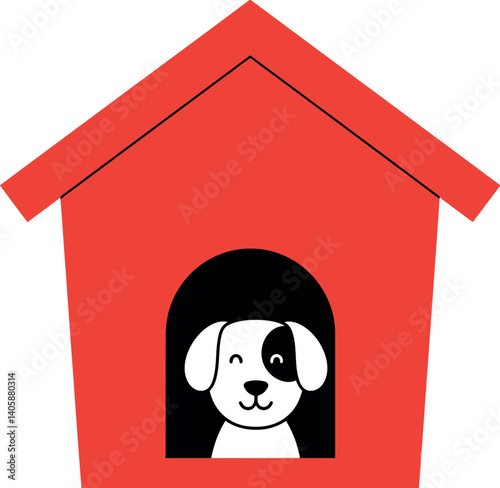 Happy dog peeking out from a bright red dog house in minimal vector art