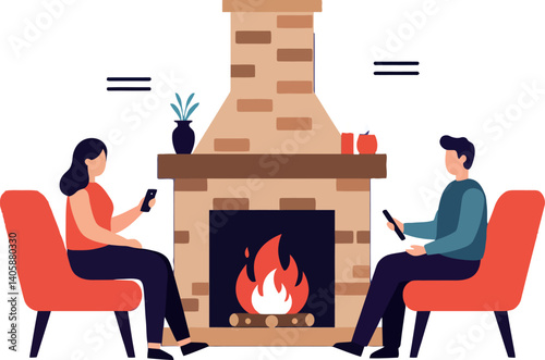 Two people relaxing by a cozy fireplace in a flat minimal style vector illustration
