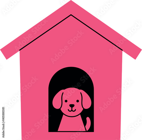 A playful puppy peeking out from a bright pink doghouse in minimal vector art