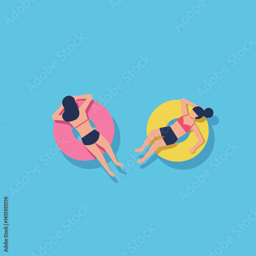 Two women relaxing on colorful pool floats in a serene summer setting flat vector illustration