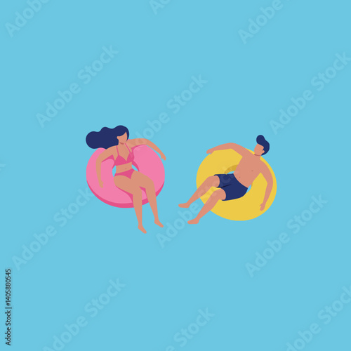 Two people relaxing on colorful inflatable tubes in a bright blue pool flat vector illustration