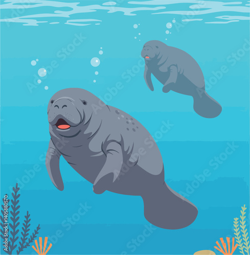 Two playful manatees swimming gracefully in a colorful underwater scene, flat vector art