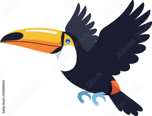Colorful toucan in flight with vibrant plumage and dynamic wings in flat vector art