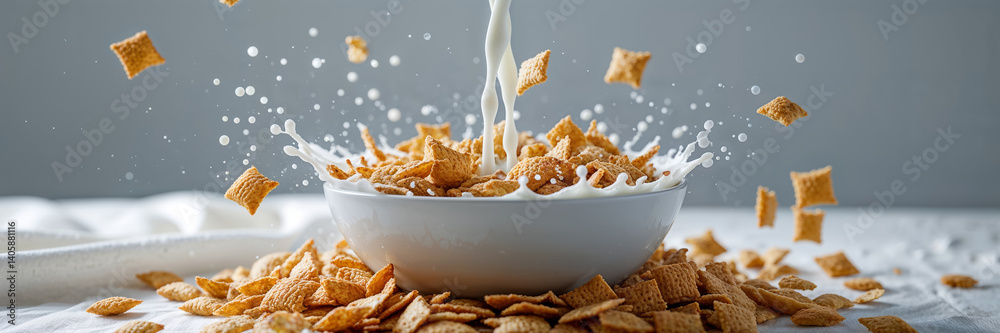 bowl of cereal on table, milk pouring, healthy breakfast
