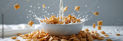 Obraz na płótnie bowl of cereal on table, milk pouring, healthy breakfast w salonie