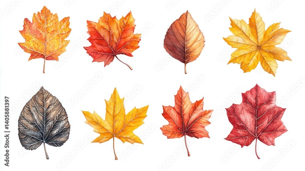 Fototapeta premium Colorful autumn leaves watercolor illustration
