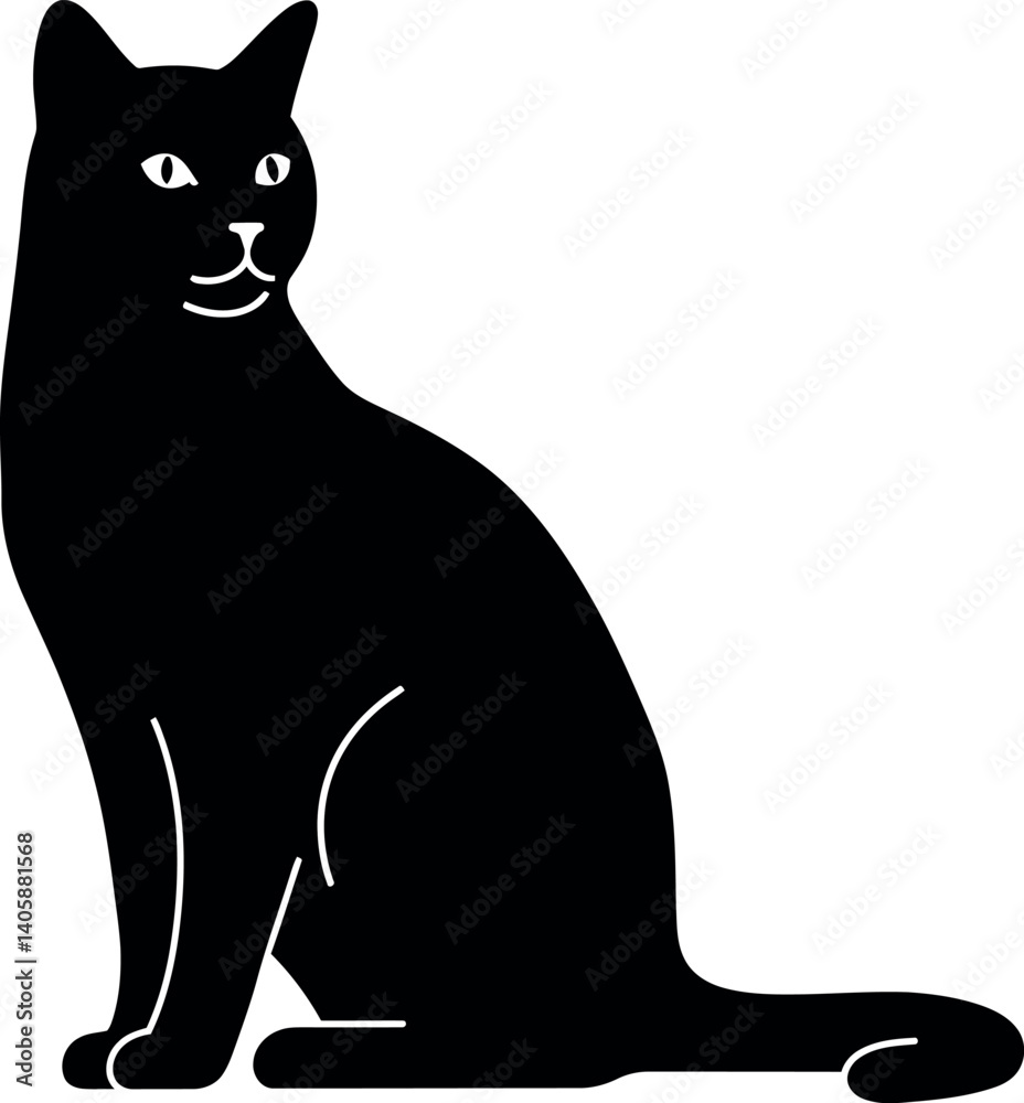 Black cat sitting elegantly in a flat, minimal design style vector art
