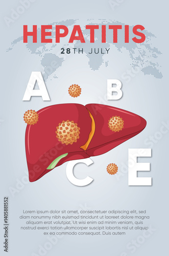 World Hepatitis Day, social media and poster. 3D vector illustration. July 28. Hepatic desease, cancer and cirrhosis abstract concept graphic.
