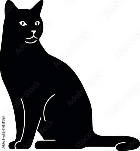 Black cat sitting elegantly in a flat, minimal design style vector art