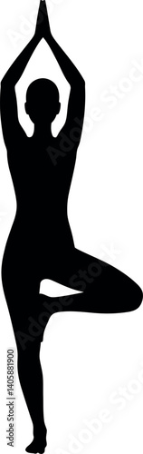 Silhouette of a woman practicing yoga in a tree pose with minimal style vector art