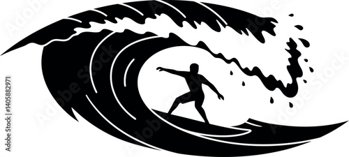 Surfer riding a dynamic wave in a bold black and white flat vector illustration