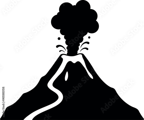 Erupting volcano with smoke and lava flow in flat vector art style