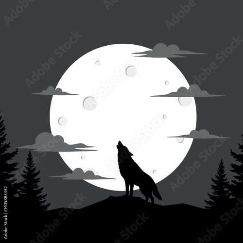 A howling wolf silhouette against a large moon in a minimalistic black and white vector illustration