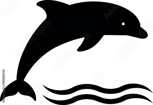 Dolphin leaping above ocean waves in a minimal flat design vector illustration