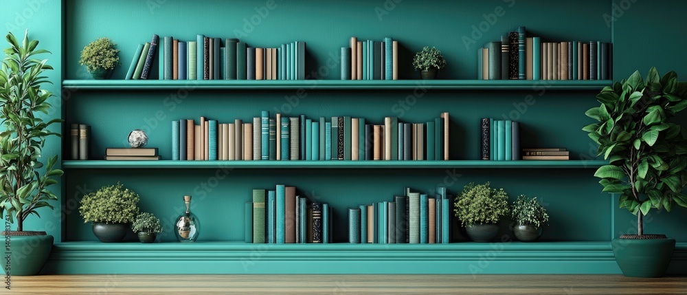 Teal bookshelves. Books, greenery, and decorations fill the shelves. Wooden floor and teal wall Teal bookshelves. Books, greenery, and decorations fill the shelves. Wooden floor and teal wall