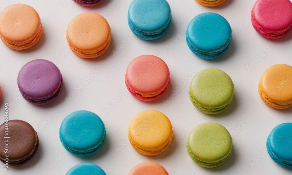 Colorful macarons arranged neatly on a white surface showcasing a variety of flavors and colors in bright hues, perfect for a dessert table or pastry display at any event Colorful macarons arranged neatly on a white surface showcasing a variety of flavors and colors in bright hues, perfect for a dessert table or pastry display at any event