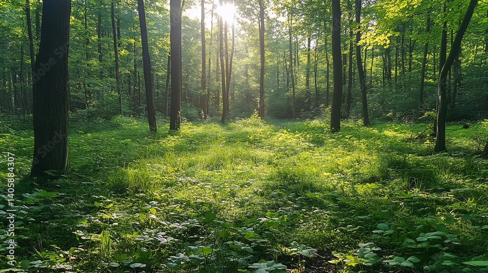 Obraz premium Vibrant lively forest fresh new leaves and subtle rays of sunshine capturing the rejuvenating spirit of nature in mid spring