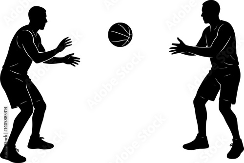 Two basketball player  passing ball silhouette vector